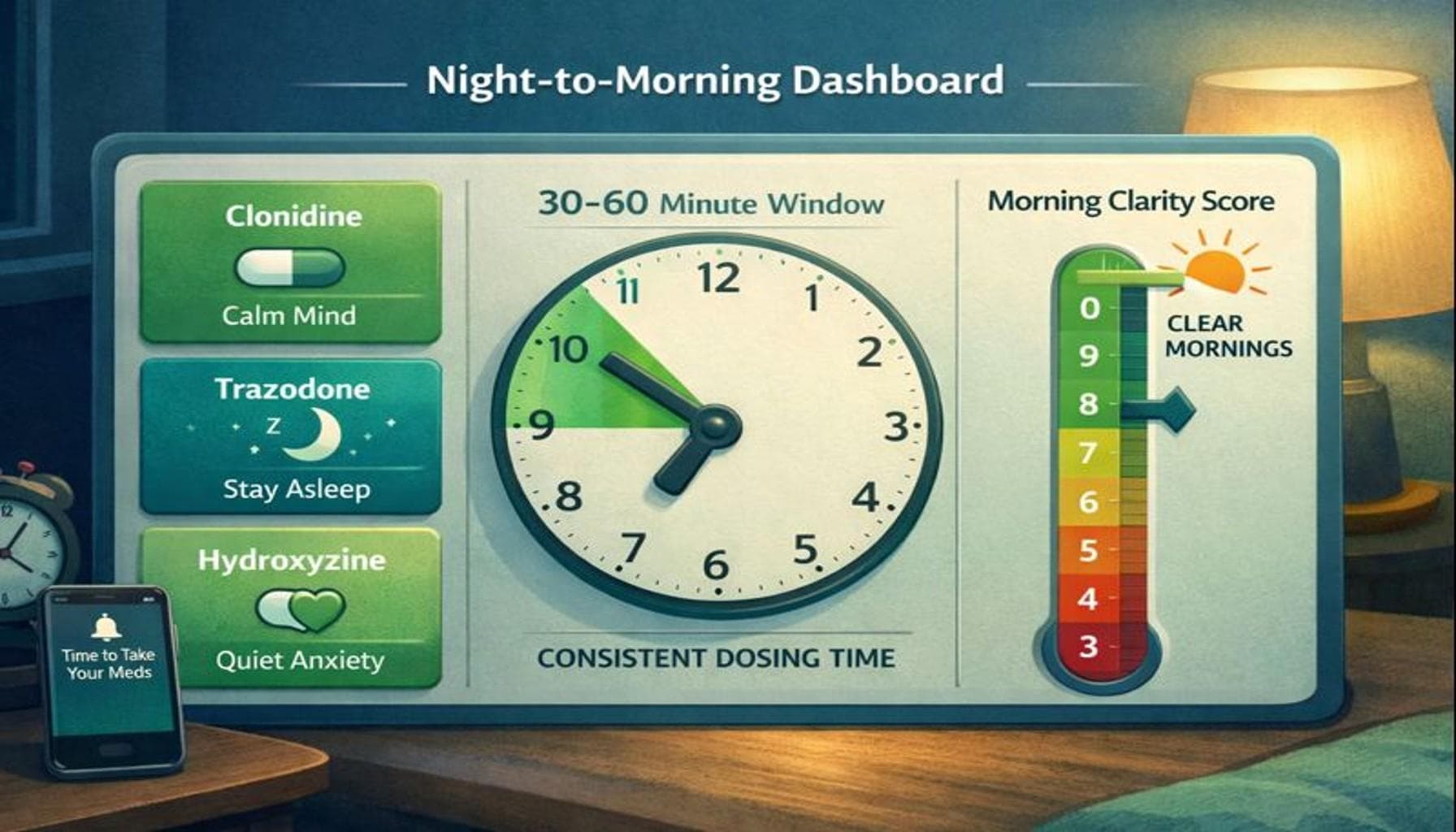 Stylized bedside dashboard showing clonidine, trazodone, and hydroxyzine cards, a clock highlighting a 30–60 minute dosing window, and a morning clarity gauge.